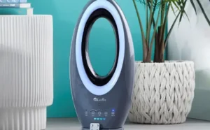 LivePure Bladeless Indoor Outdoor Rechargeable Fan in Grey Color in a Room
