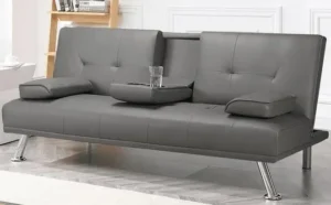 Renwick Modern Faux Leather Futon Sofa Bed in Grey Color in a Room
